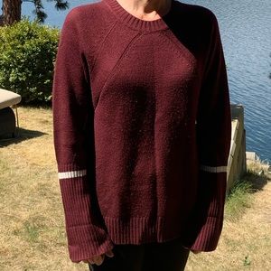 Dark Red Burgundy Oversized Knitted Sweater with Cream Stripe Sleeve Size XS